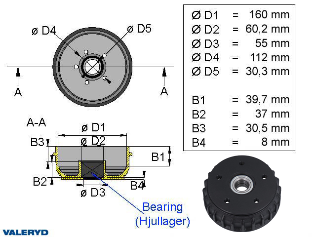 Bremsetrommel 160x35 5x112 passe til Alko Euro compakt 30mm