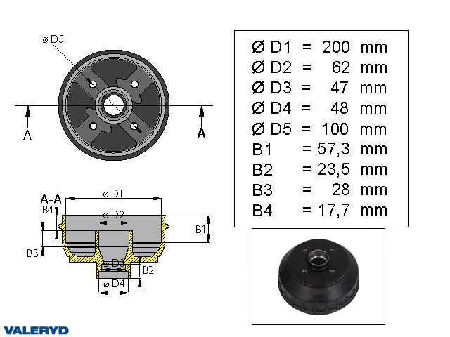 Brake drum 200x35/50 4x100 AL-KO incl. metric bearing 