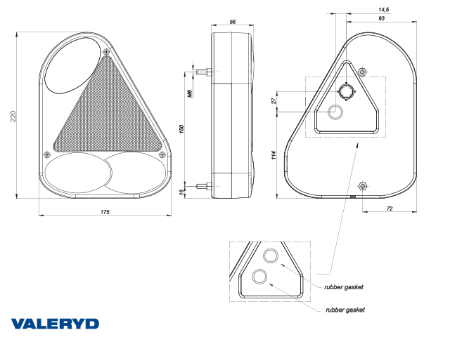 Feu arrière compatible Jokon Ear D 220*175*53 avec catadioptre triangulaire et feu de recul
