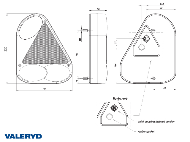 Feu arrière compatible Jokon Ear G 220*175*56 avec catadioptre triangulaire, baïonnette