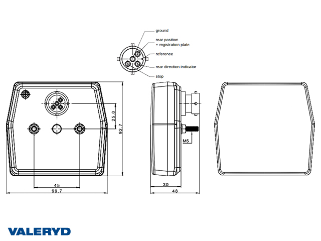 Rücklicht Valeryd R/L 99,7x92,7x30; LED 12V; Bajonett 4(5)pol; mit Kennzeichenbeleuchtung; CC=45mm