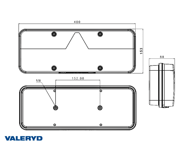 Rücklicht Valeryd Kingpoint; 400x153x88mm; L; 24V; 6Funktionen, 2m Kabel