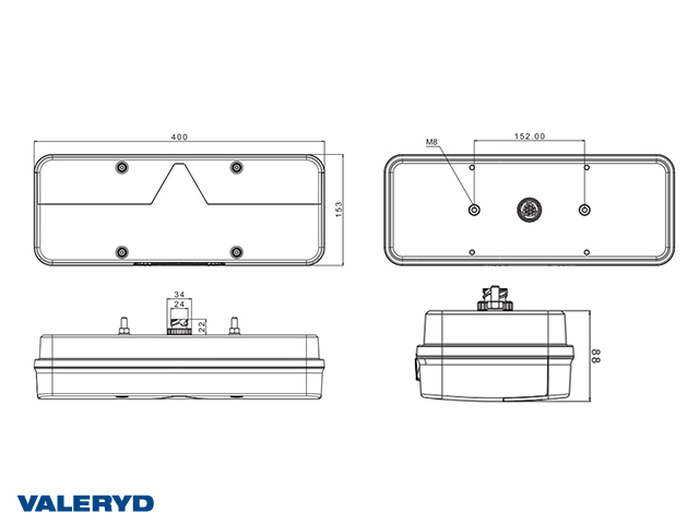 Rücklicht Valeryd Kingpoint; 400x153x88mm; L; 24V; 6 Funktionen, AMP Stecker