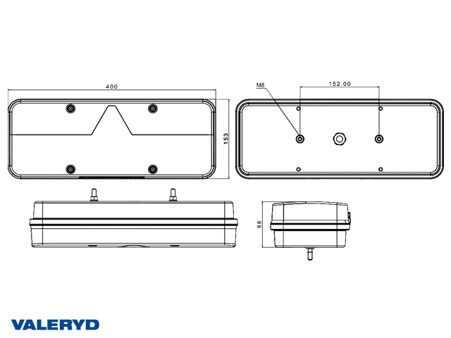 LED Rücklicht Valeryd Kingpoint L 400x153x88mm 12-36V 6 Funktionen, 2m Kabel