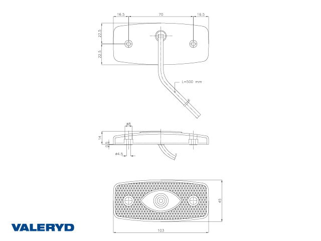 LED-positionslys med refleksrød Ajba 12/24 V 103x45x30 mm 0,5 m kabel