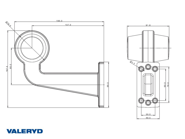 LED Breddemarkering Valeryd 195x167,5x91,6 hvid/rød, 12-36V inkl. 0,3m kabel venstre