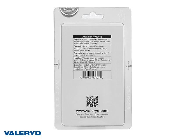 Vis de roue Sphérique universal. M12x1,5  hexagonal 17, (Jeu de 5)