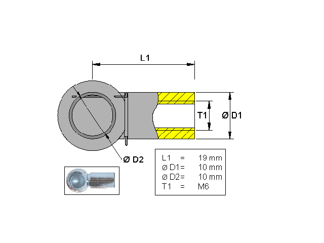 Kugleholder, Metal; L=19; M6 
