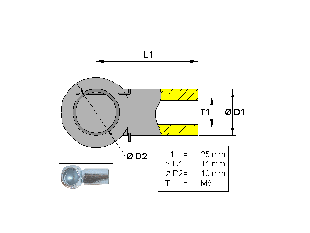 Kugelgelenk, Metall; L=25; M8