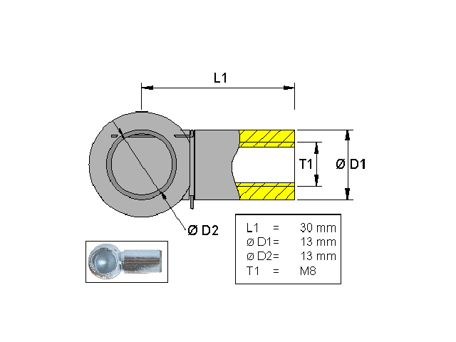 Kugelgelenk, Metall; L=30; M8