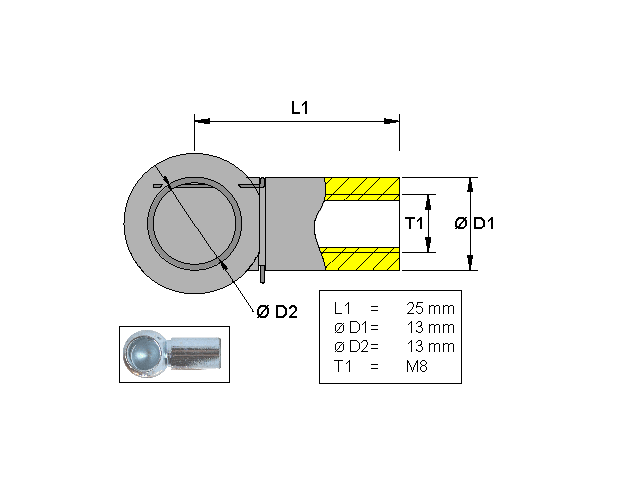 Kuleholder, Metall; L=25; M8 
