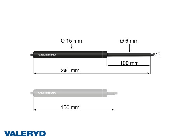 Gassfjærer Arctic L = 240 mm, L komprimert = 150 mm, 350N, Ø15/6 mm, M5 Gassfjærer Arctic L = 240 mm, L komprimert = 150 mm, 350N, Ø15/6 mm, M5