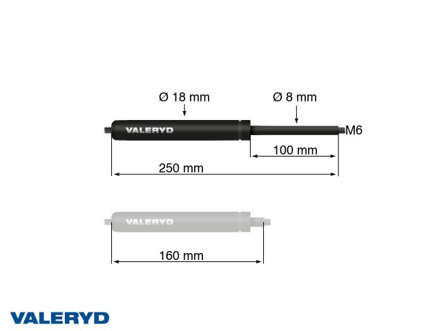 Gassfjærer Arctic L = 250 mm, L komprimert = 160 mm, 500N, Ø18/8 mm, M6 Gassfjærer Arctic L = 250 mm, L komprimert = 160 mm, 500N, Ø18/8 mm, M6