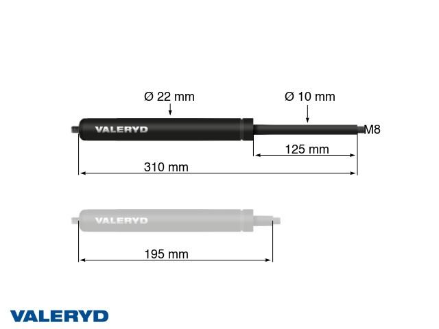 Gassfjærer Arctic L = 310 mm, L komprimert = 195 mm, 650N, Ø22/10 mm, M8 Gassfjærer Arctic L = 310 mm, L komprimert = 195 mm, 650N, Ø22/10 mm, M8