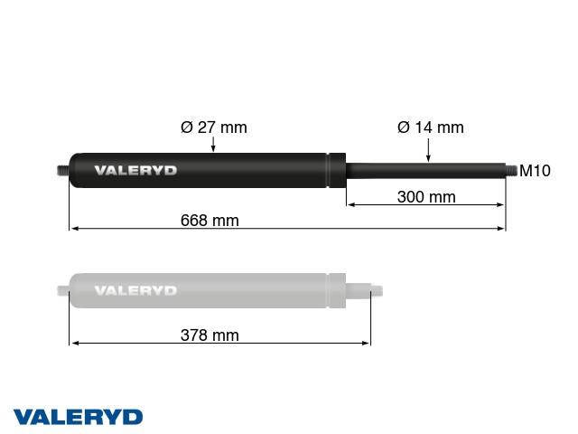 Gassfjærer Arctic L = 668 mm, L komprimert = 378 mm, 1200N, Ø27/14 mm, M10