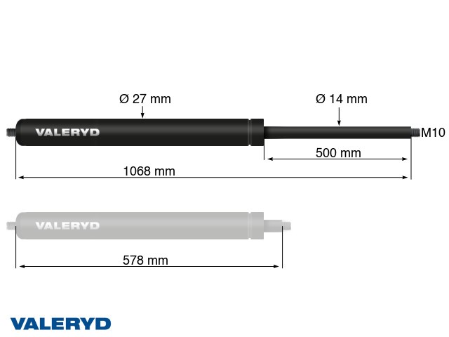 Gassfjærer Arctic L = 1068 mm, L komprimert = 578 mm, 800N, Ø27/14 mm, M10 Gassfjærer Arctic L = 1068 mm, L komprimert = 578 mm, 800N, Ø27/14 mm, M10